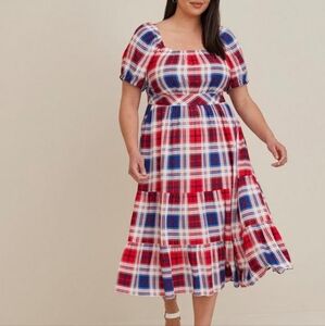 Torrid Size 1 Puff Sleeve Challis Plaid Tiered Maxi Dress